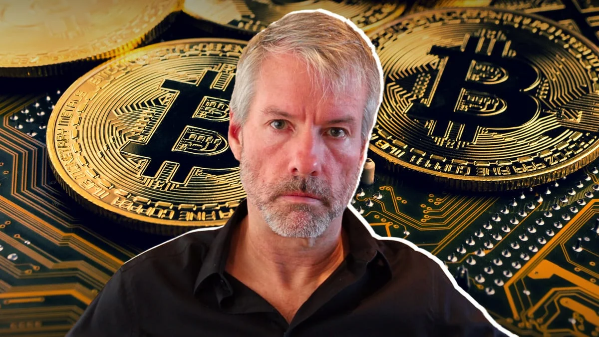 Michael Saylor with bitcoins in the background