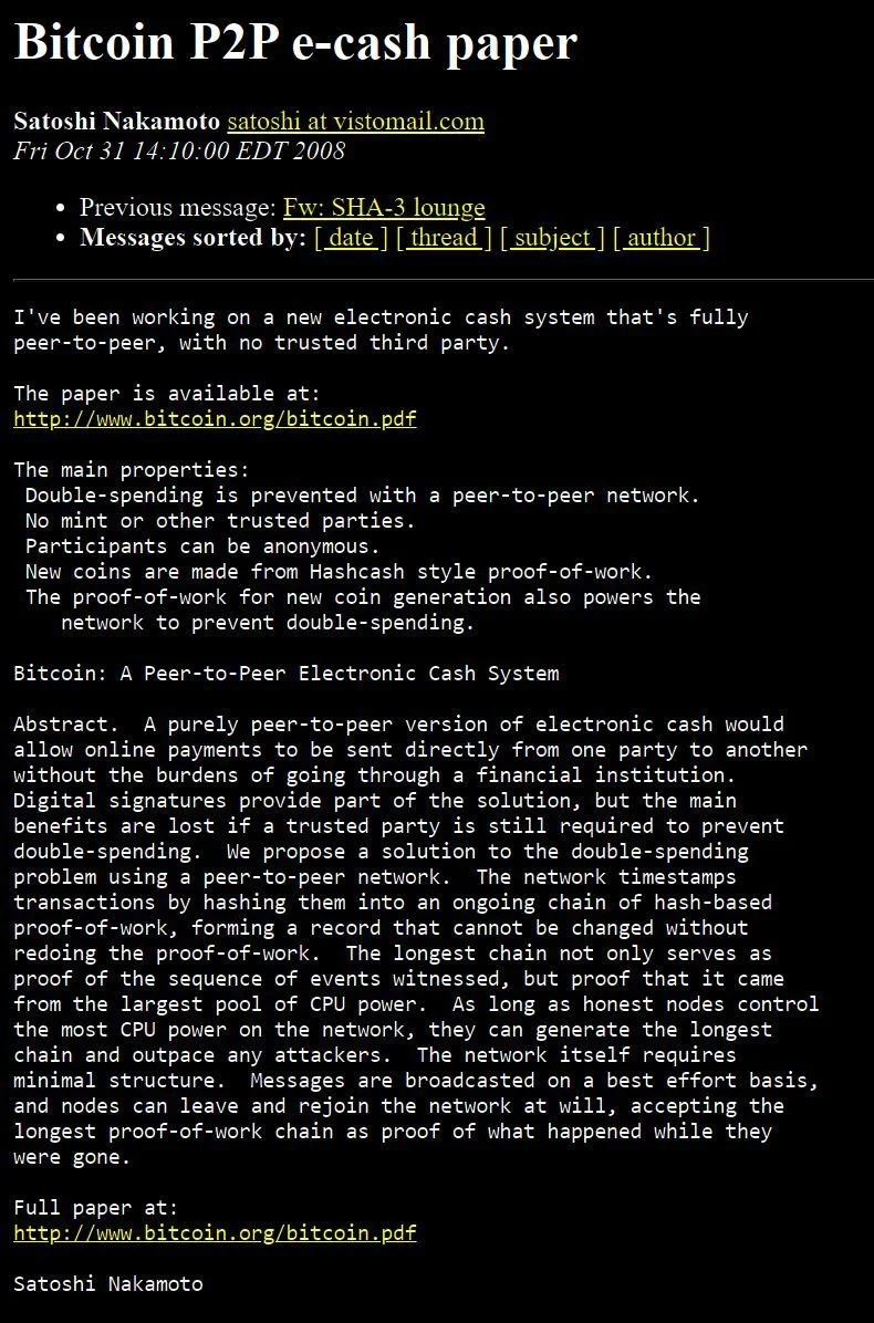 Satoshi Nakamoto first Email about Bitcoin