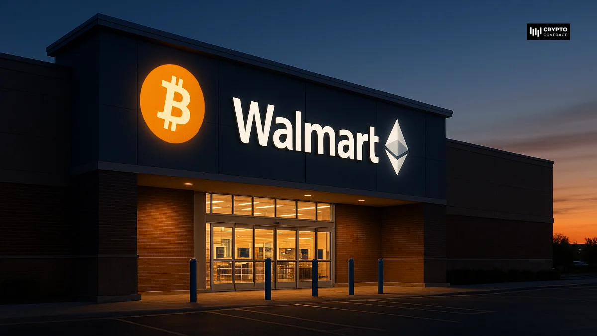 Walmart storefront at dusk with glowing bitcoin & ethereum symbols