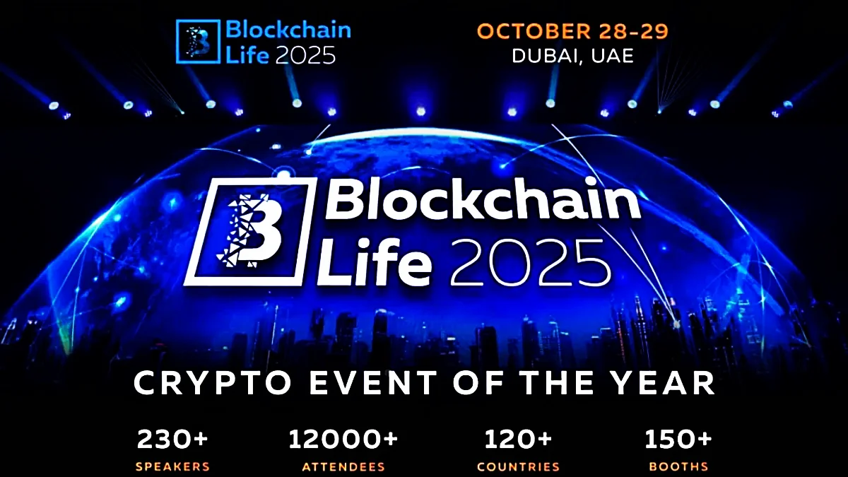 Blockchain Life 2025 Dubai forum banner and expo hall