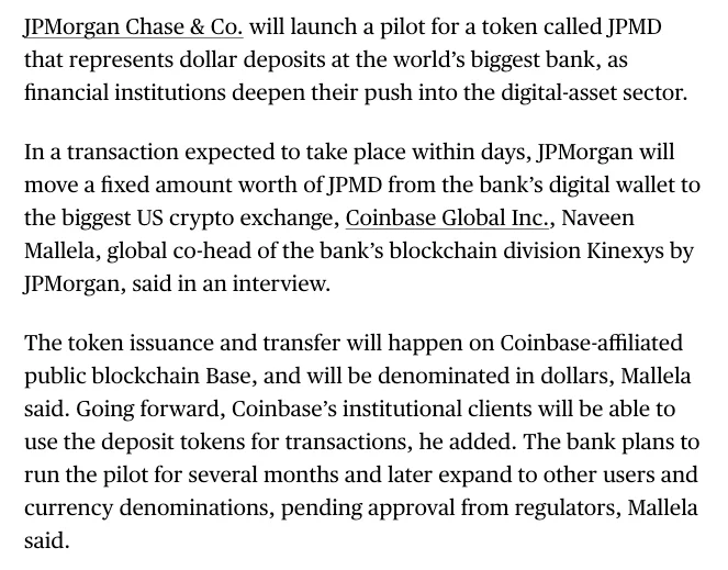 JP Morgan official spokesperson on JPMD pilot launch on Base
