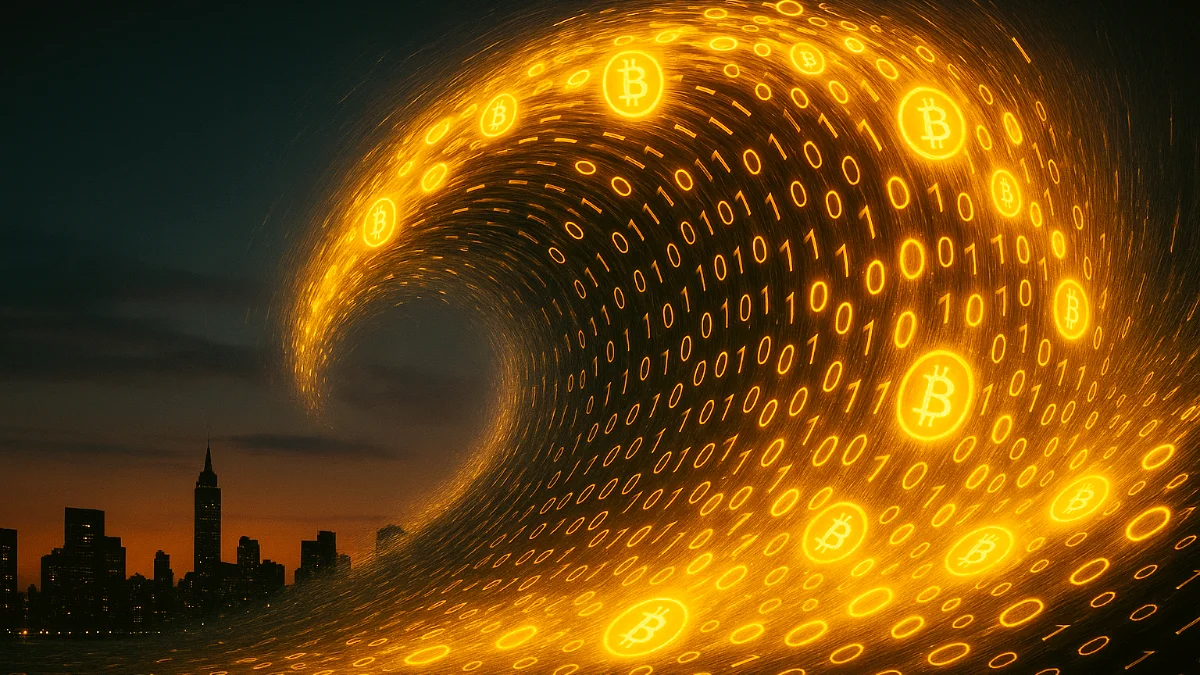 Crystalline Bitcoin logos migrating through stormy sunset sky with lightning strikes