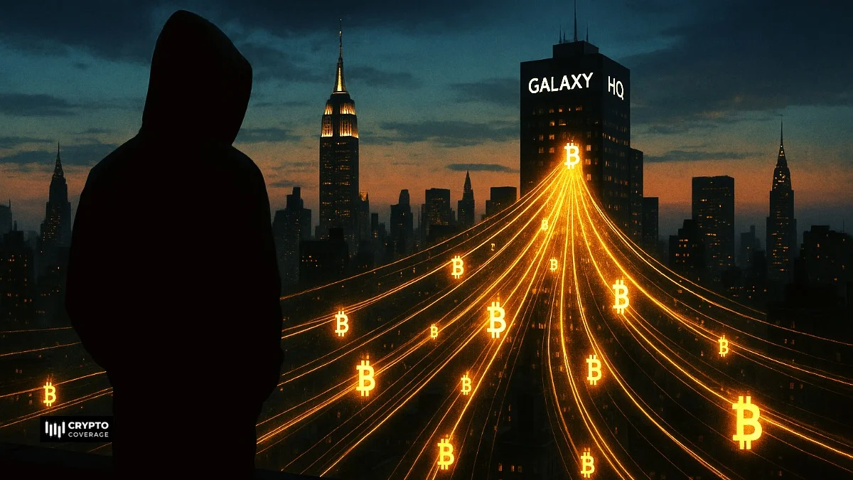 A hooded figure on a Manhattan rooftop watching digital Bitcoin streams flow into Galaxy HQ at dusk.