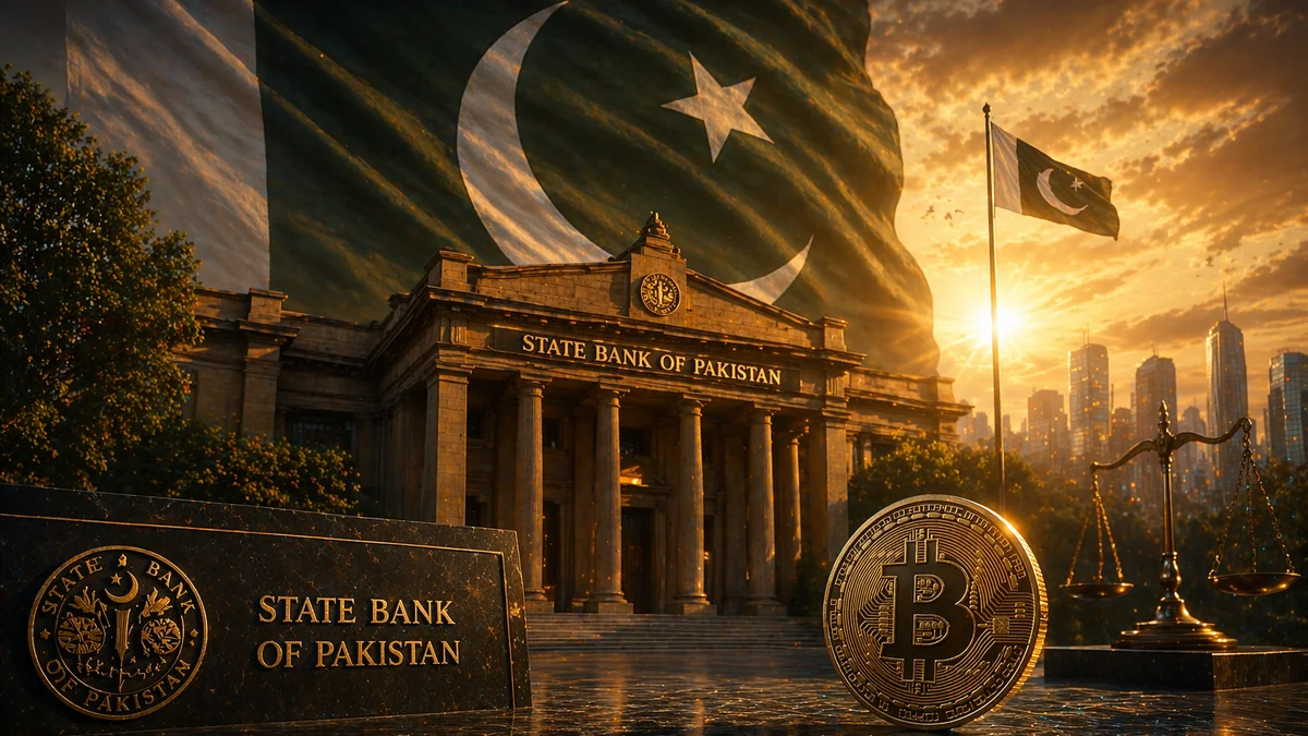 Pakistan State Bank building with crypto currency symbols representing new banking policy for licensed crypto firms in 2026