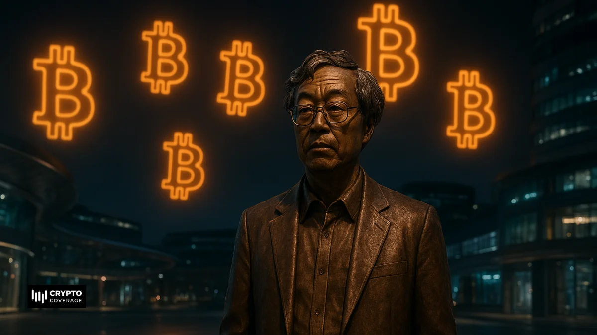 Bronze statue of Satoshi Nakamoto with glowing Bitcoin symbols above a city plaza