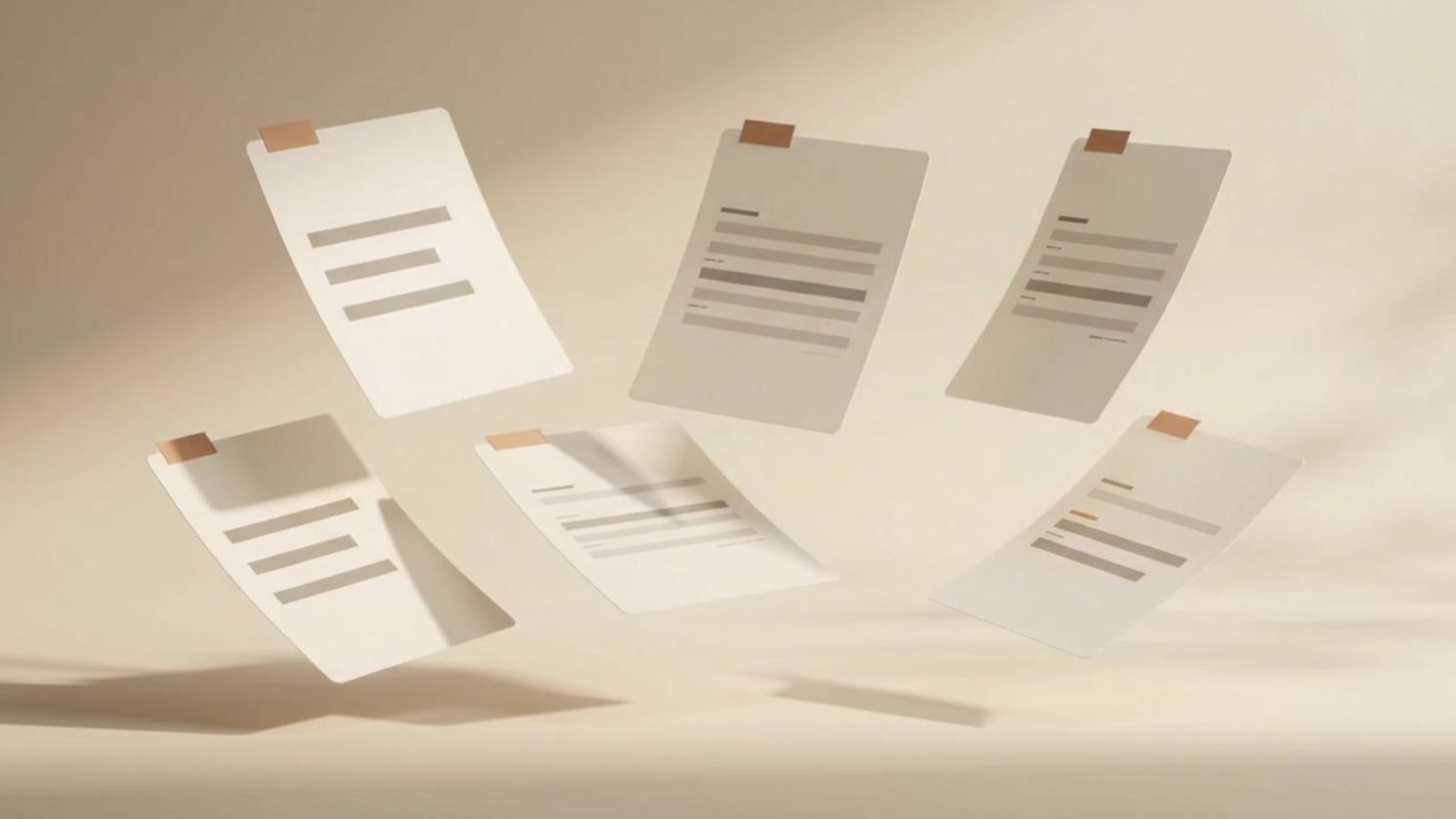 Paper medical reports drifting through the air and settling into one neat stack