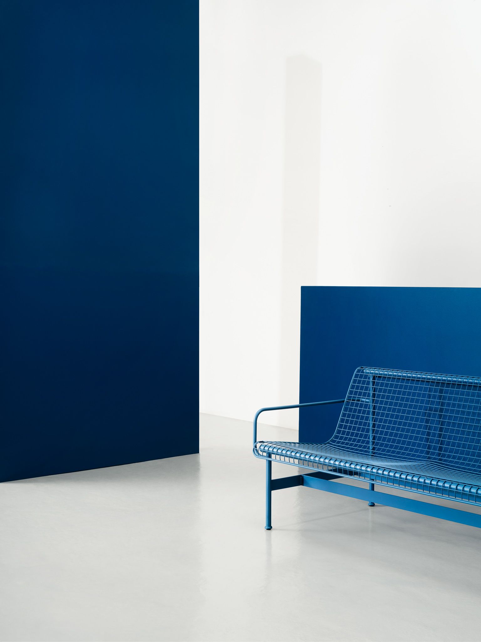 Blue steel mesh bench shot in studio, for the munch museum