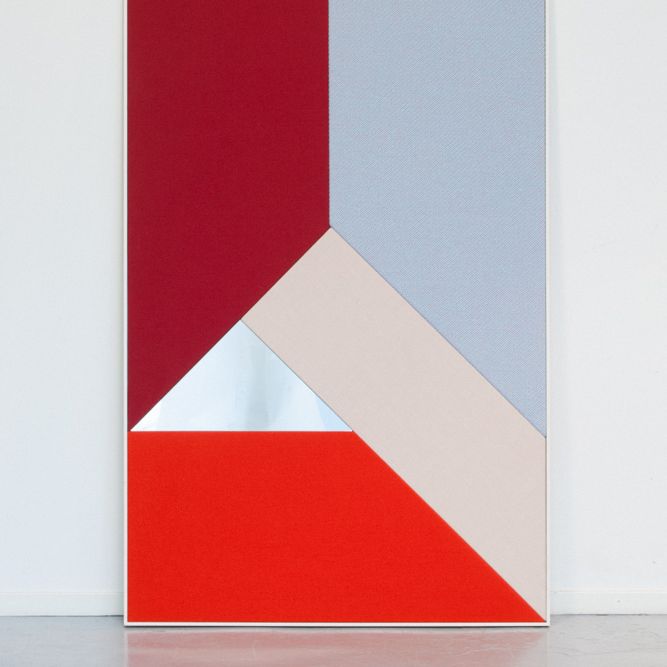 Acoustic panel with red, pink and mirror