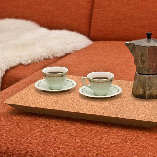Cork Tray with two coffee cups and a bialetti coffe pot in a sofa