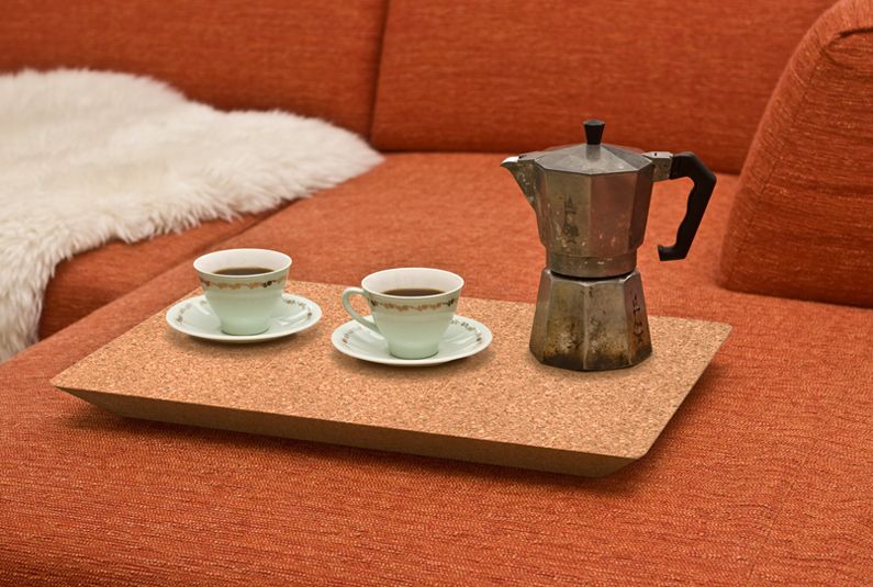 Cork Tray with two coffee cups and a bialetti coffe pot in a sofa