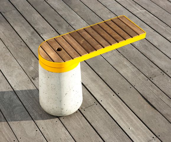 Kebony bench designed by Jonas Stokke, outdoor furniture, concrete, wood, steel with yellow coating