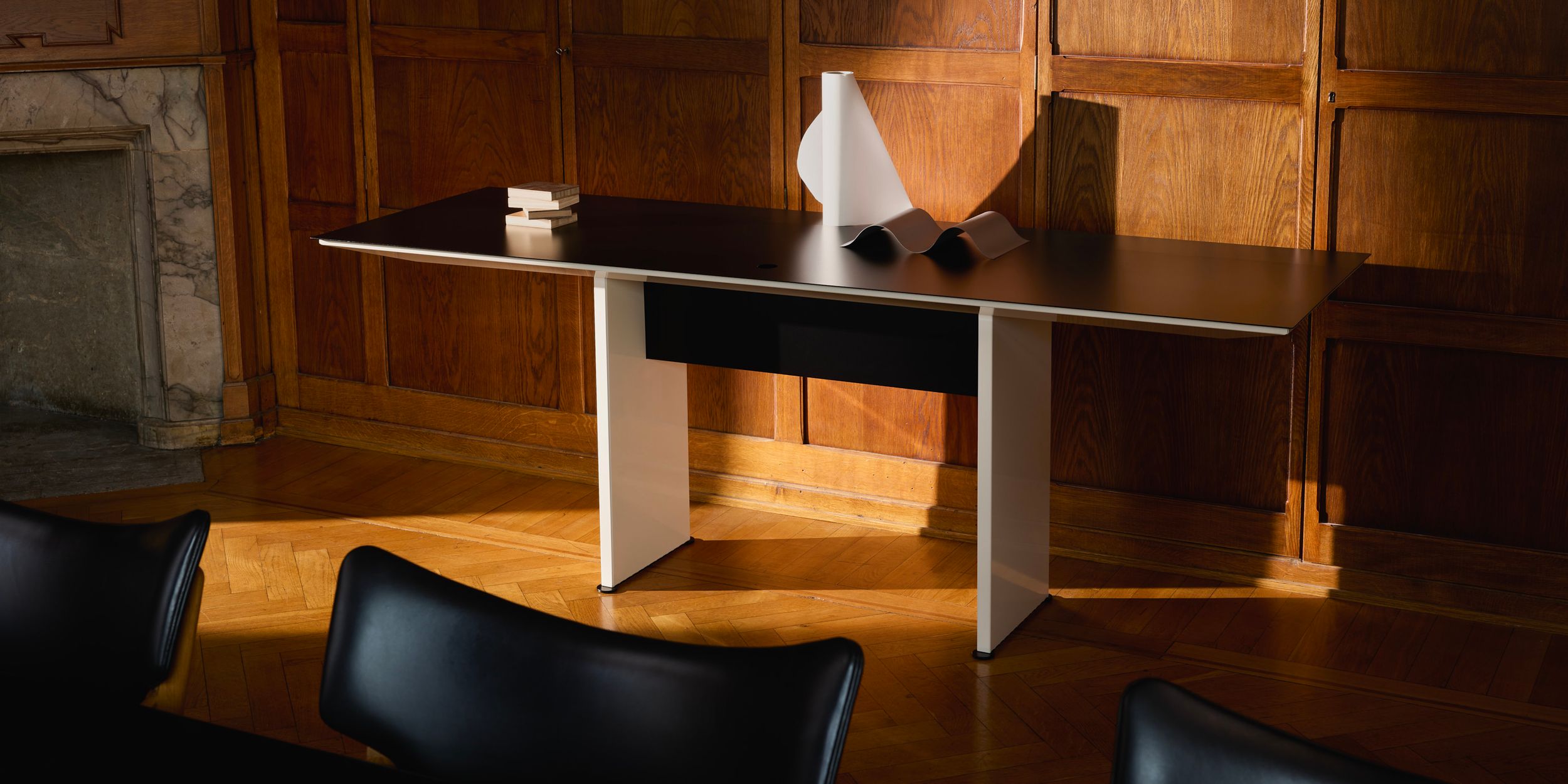 unit, steel consol in a wooden meeting room