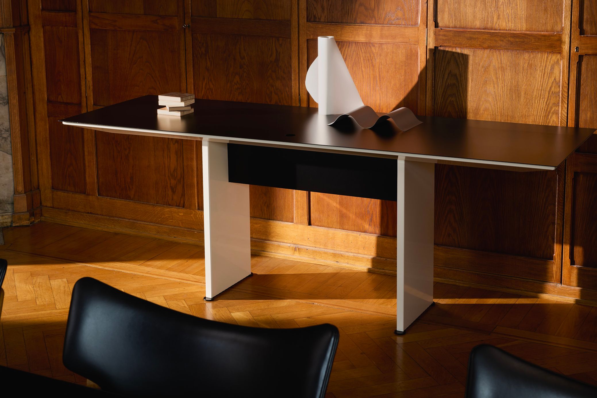 unit, steel consol in a wooden meeting room