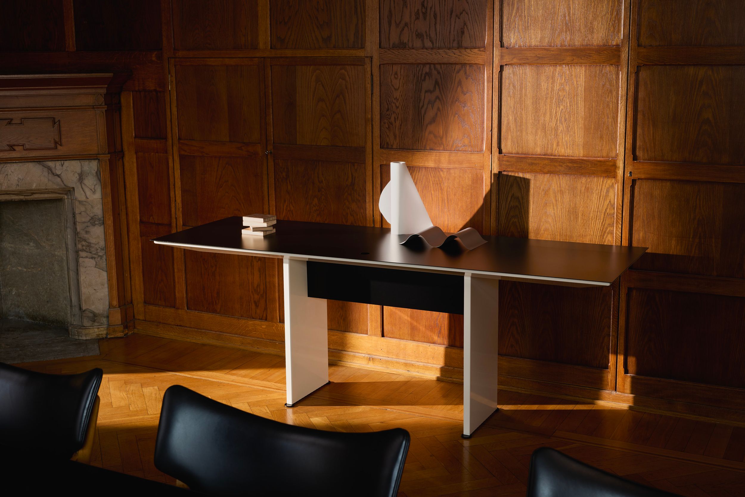 unit, steel consol in a wooden meeting room