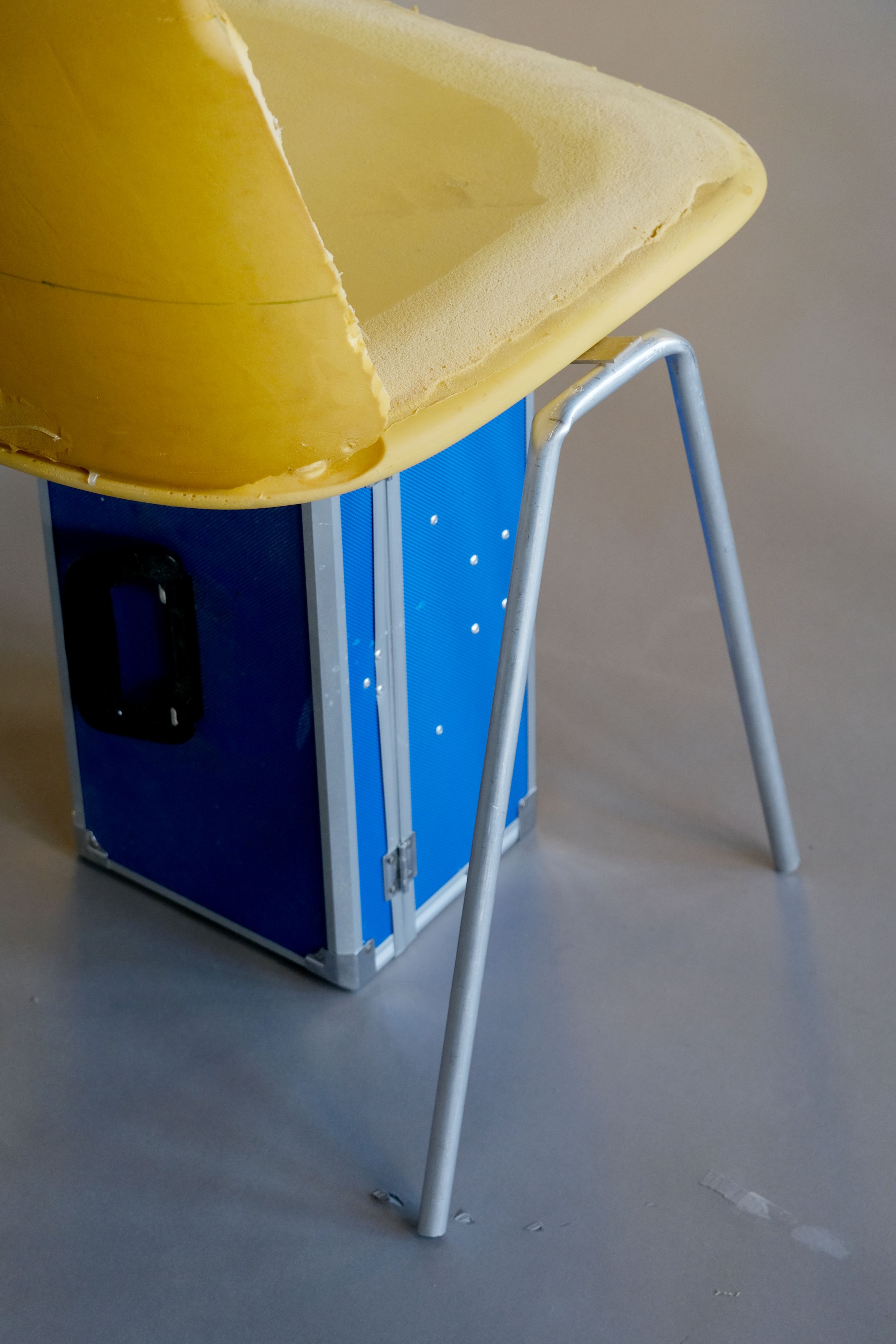 Foam model of Ada chair by Jonas Stokke. Seated on a blue toolbox, as a mockup to test height. 