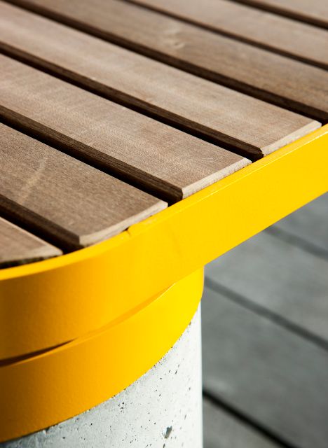 Kebony designed by Jonas Stokke, outdoor furniture, concrete, wood, steel with yellow coating