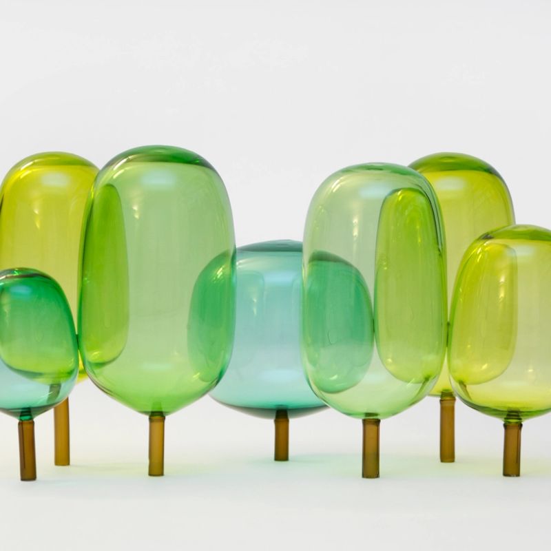 The woods designed by Jonas Stokke, Øystein Austad and Andreas Engesvik, blue and green glass sculptures, mouth blown