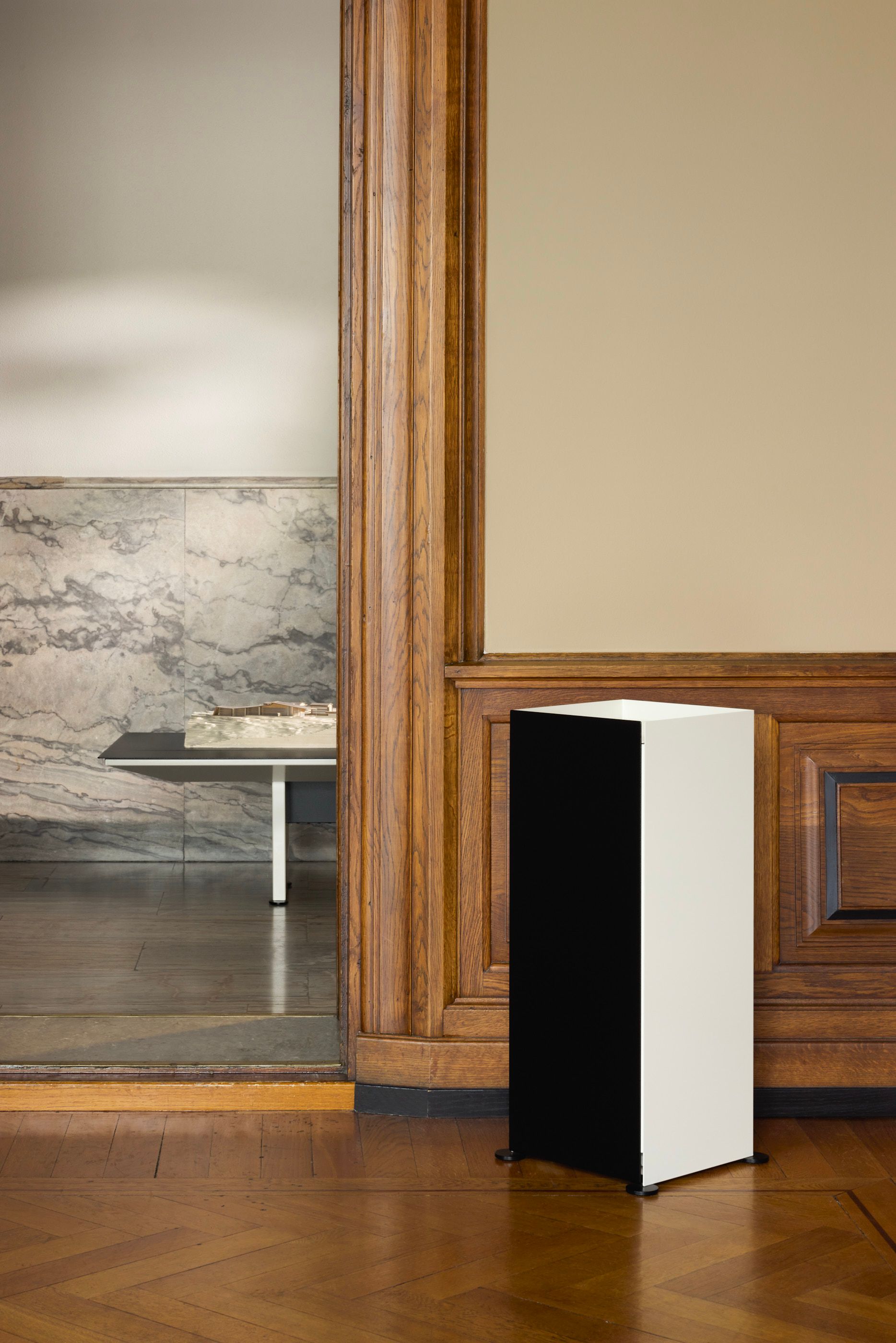 Personal storage unit in a wooden room, outside an open door a stone clad hallway and half a coffee table