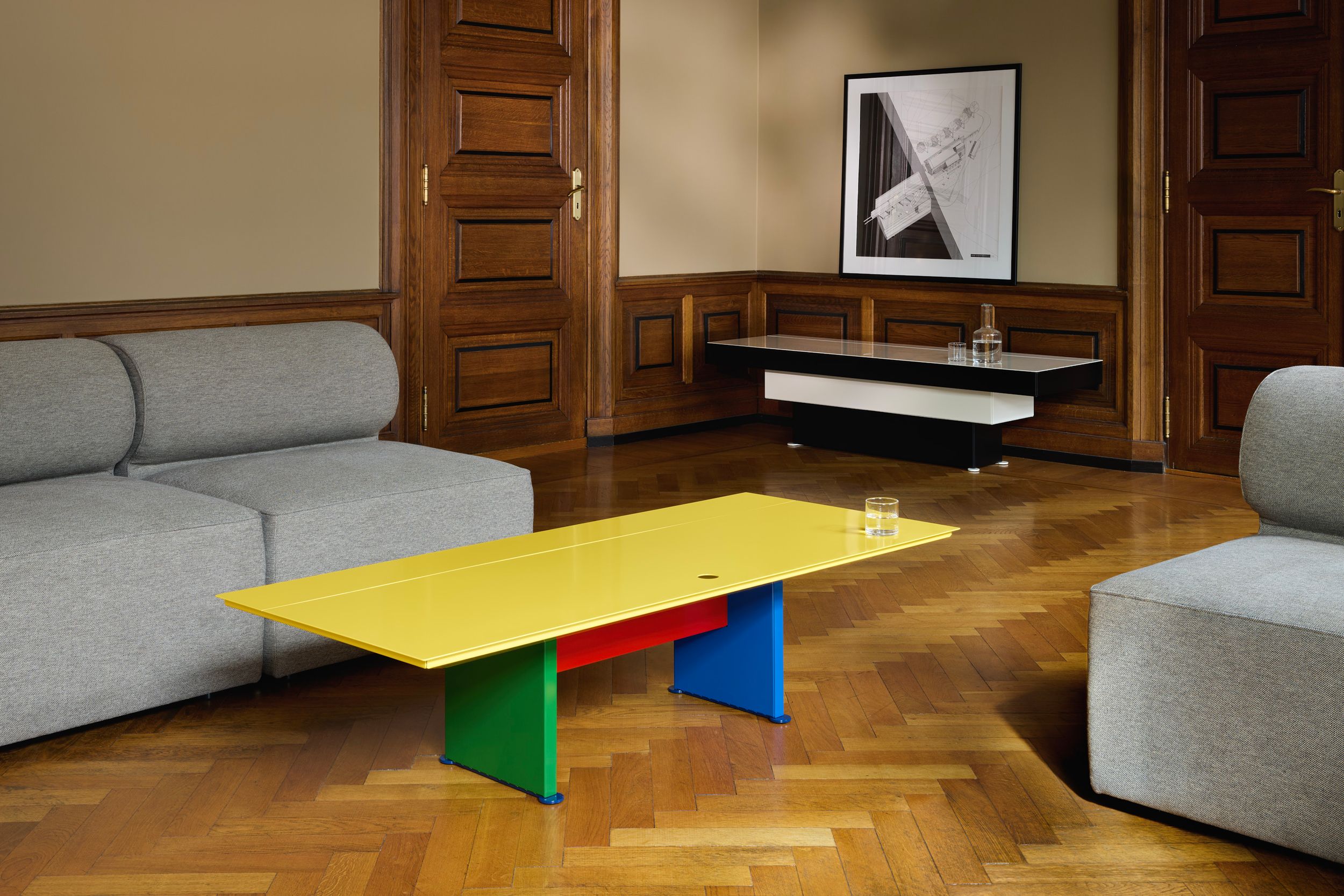 colourful lounge table with integrated storage