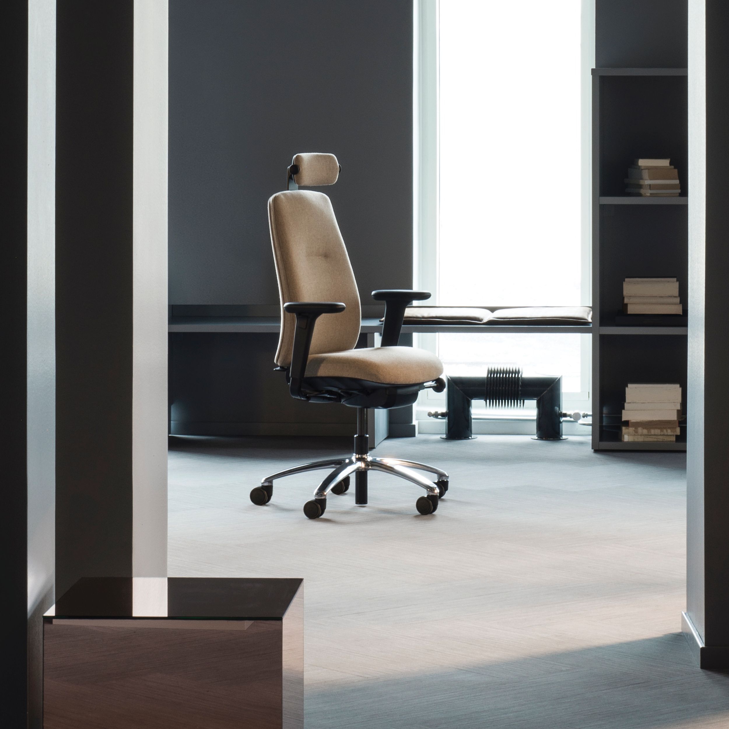 RH Logic redesigned by Jonas Stokke, beige office chair in an office