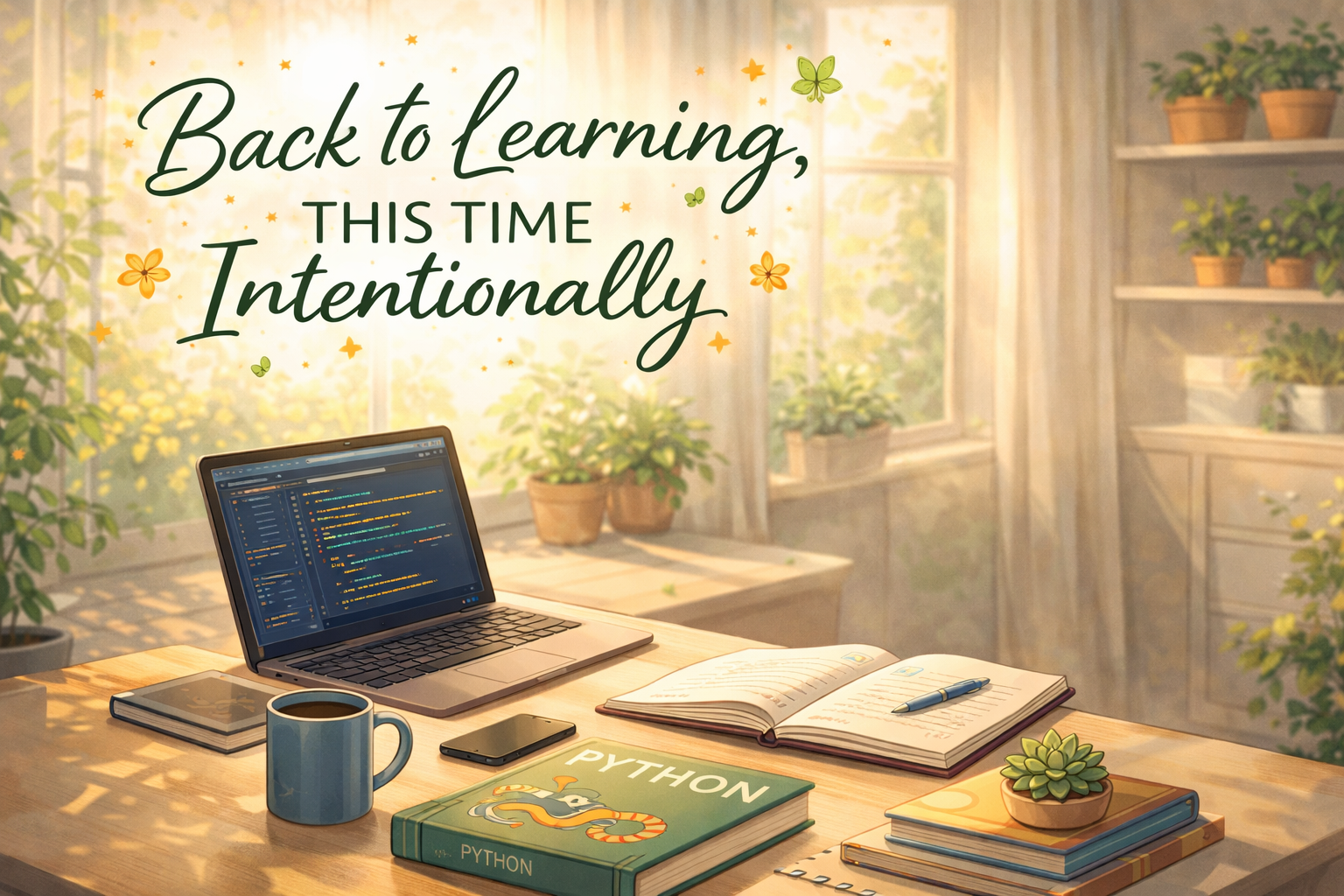 Work space with a back to learning intentionally text