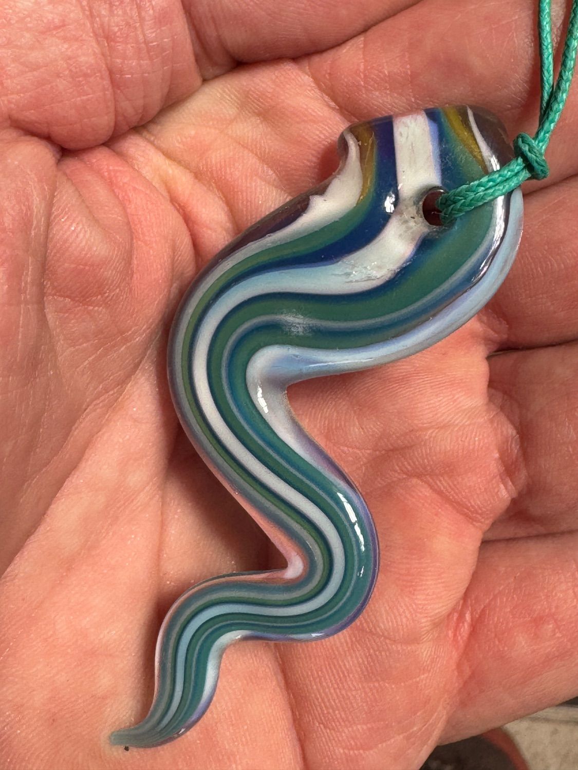 Handblown Glass Snake Serpent Pendant Necklace - Teal, Blue & White Swirl