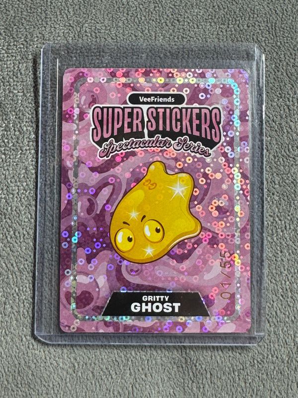 VeeFriends Super Stickers Spectacular Series Gritty Ghost Gold on Bubble Gum Numbered Parallel 01/55