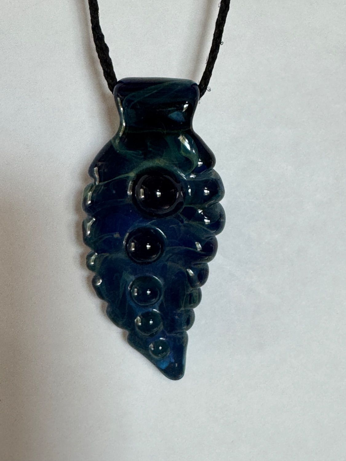 Handblown Glass Arrowhead Pendant Necklace - Signed "Beerglass" - Deep Blue & Green Swirl