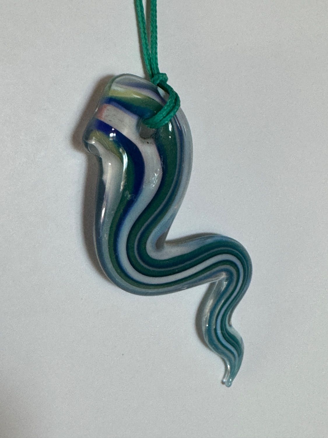 Handblown Glass Snake Serpent Pendant Necklace - Teal, Blue & White Swirl