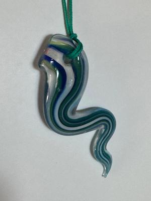 Handblown Glass Snake Serpent Pendant Necklace - Teal, Blue & White Swirl