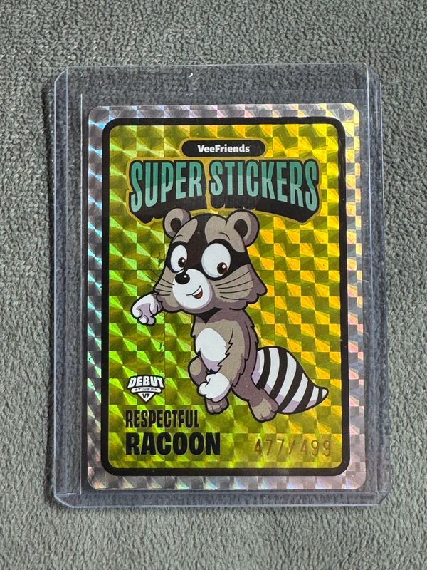 VeeFriends Super Stickers Spectacular Series Respectful Racoon Yellow Debut Numbered 477/499