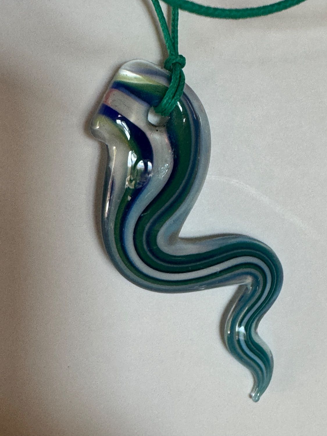Handblown Glass Snake Serpent Pendant Necklace - Teal, Blue & White Swirl