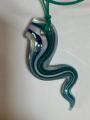 Handblown Glass Snake Serpent Pendant Necklace - Teal, Blue & White Swirl