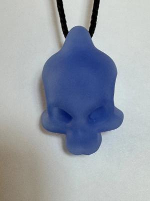 Hand Blown Frosted Blue Glass Skull Pendant Necklace on Black Cord - beerglass