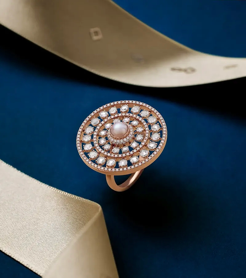 8K rose gold, akoya pearl and diamond ring