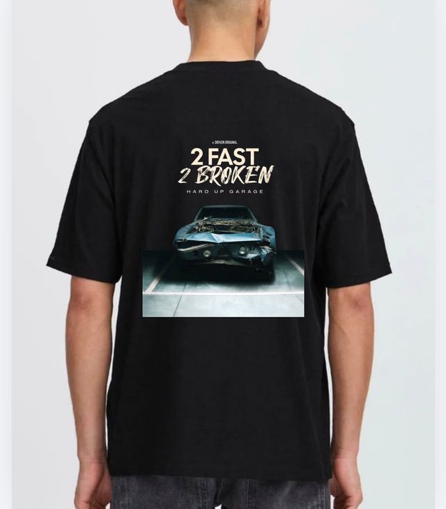Black Hard Up Garage tee, back, with the 2 Fast 2 Broken crashed-car print