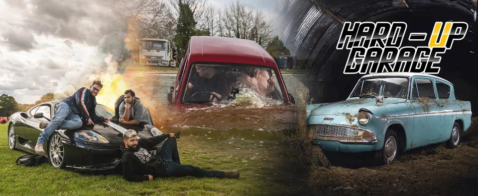 Sam and friends on a crashed sports car, a red van ploughing through a flood and a rusty blue Ford Anglia, under the Hard Up Garage logo
