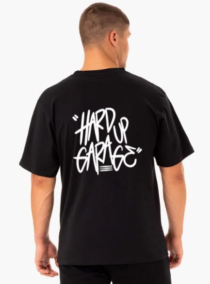 Black Hard Up Garage tee, back, with the white Hard Up Garage logo