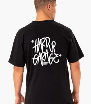 Black Hard Up Garage tee, back, with the white Hard Up Garage logo