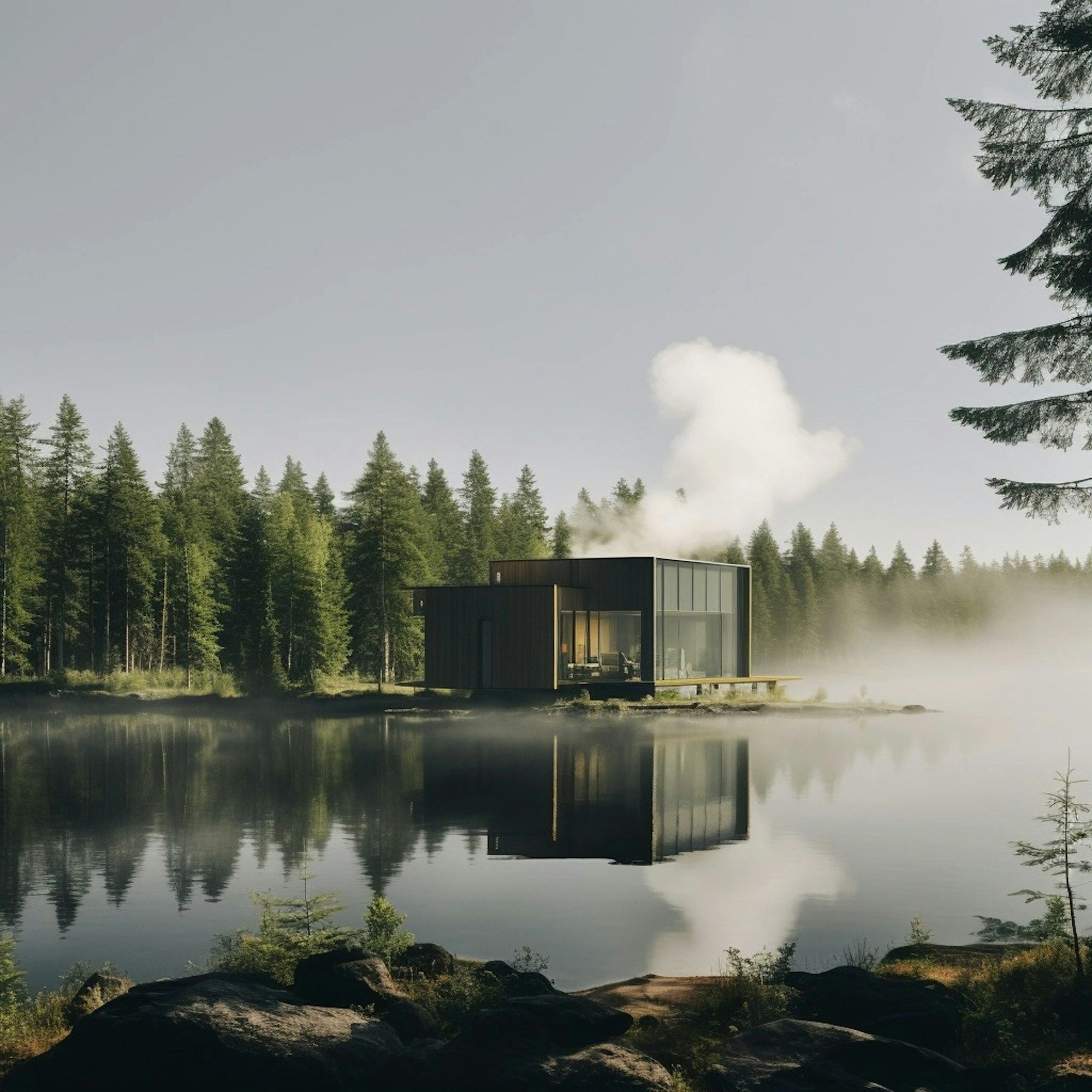 A small cabin on a misty lake surrounded by pine trees