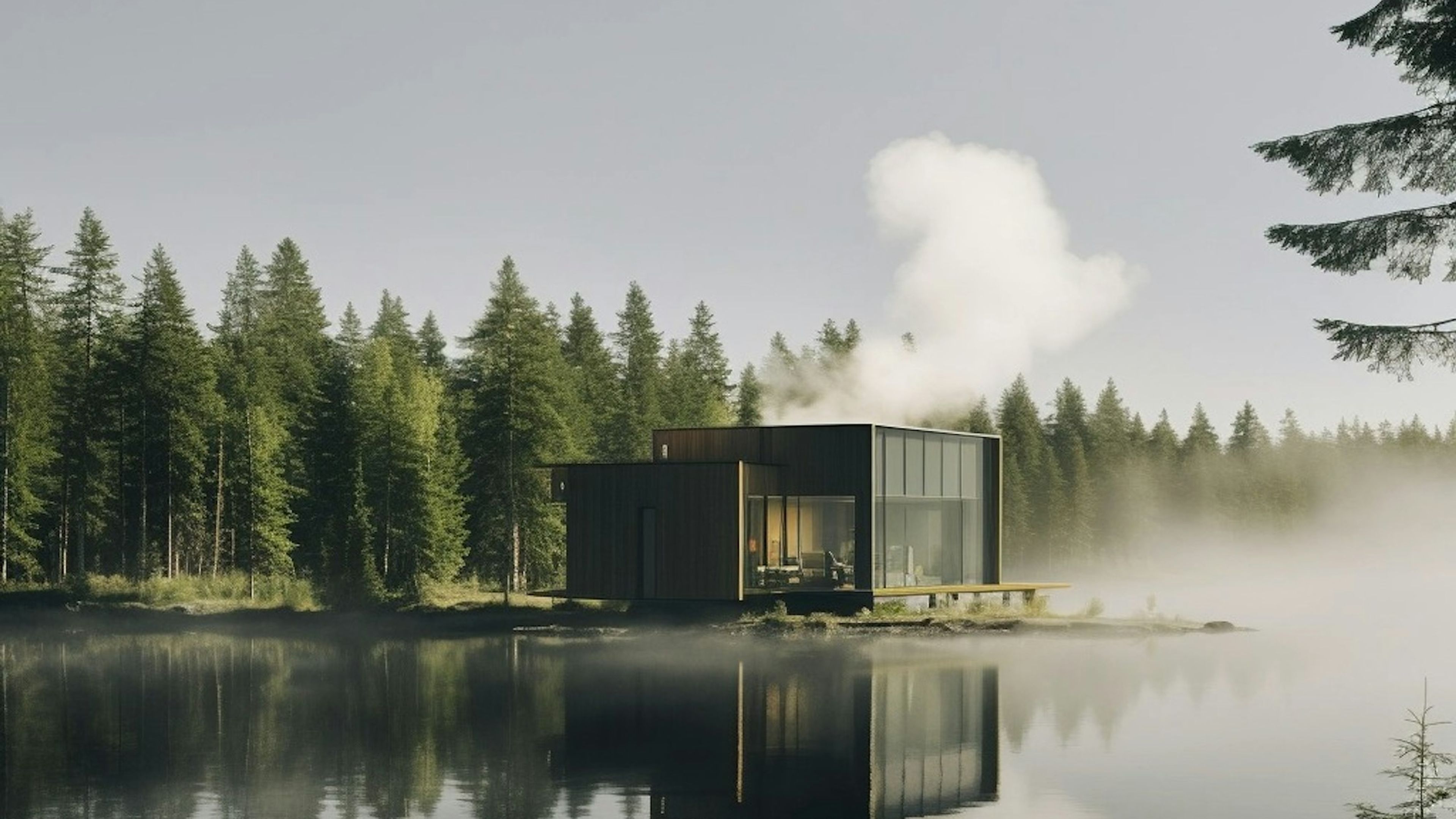 A small cabin on a misty lake surrounded by pine trees