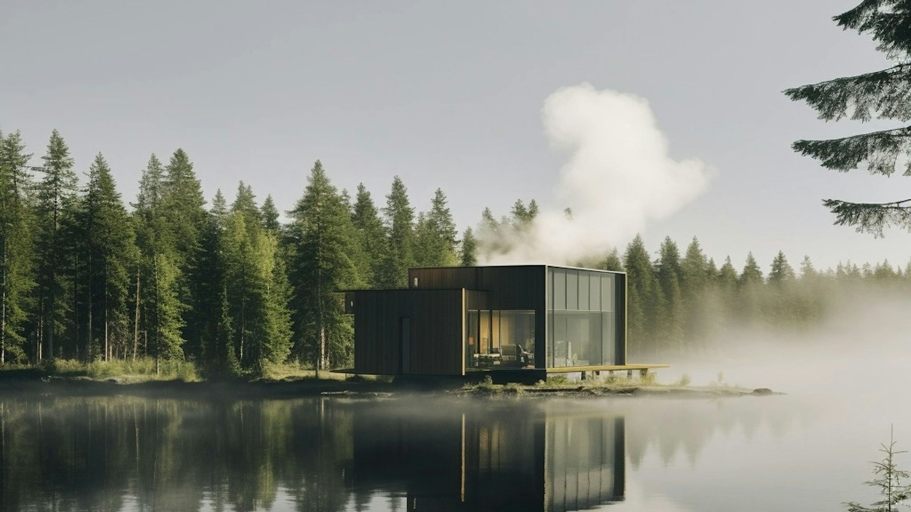 A small cabin on a misty lake surrounded by pine trees