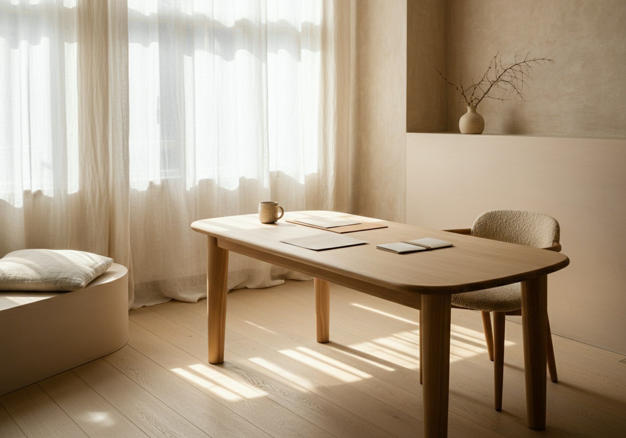 A sunlit room with a wooden table and linen curtains