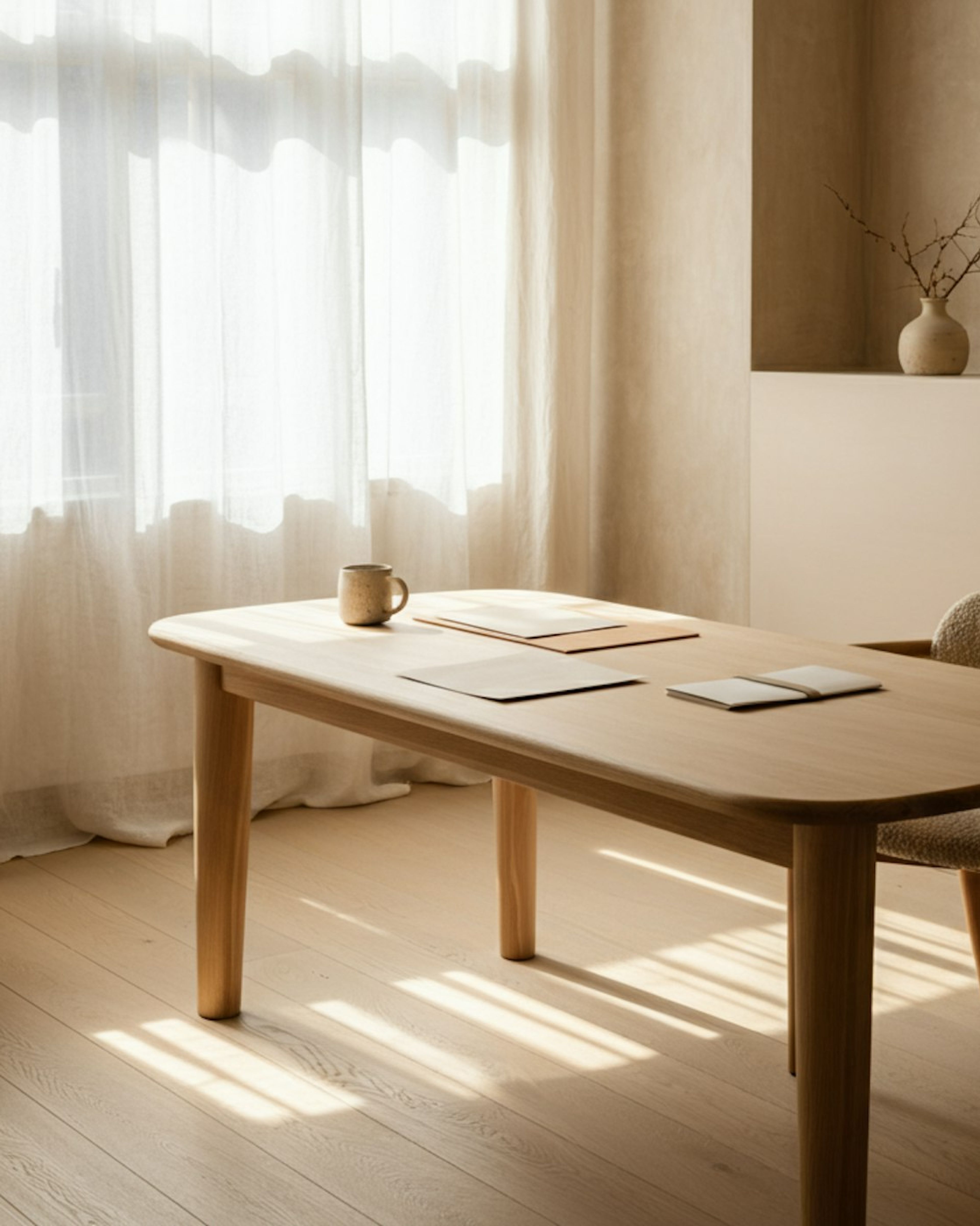 A sunlit room with a wooden table and linen curtains