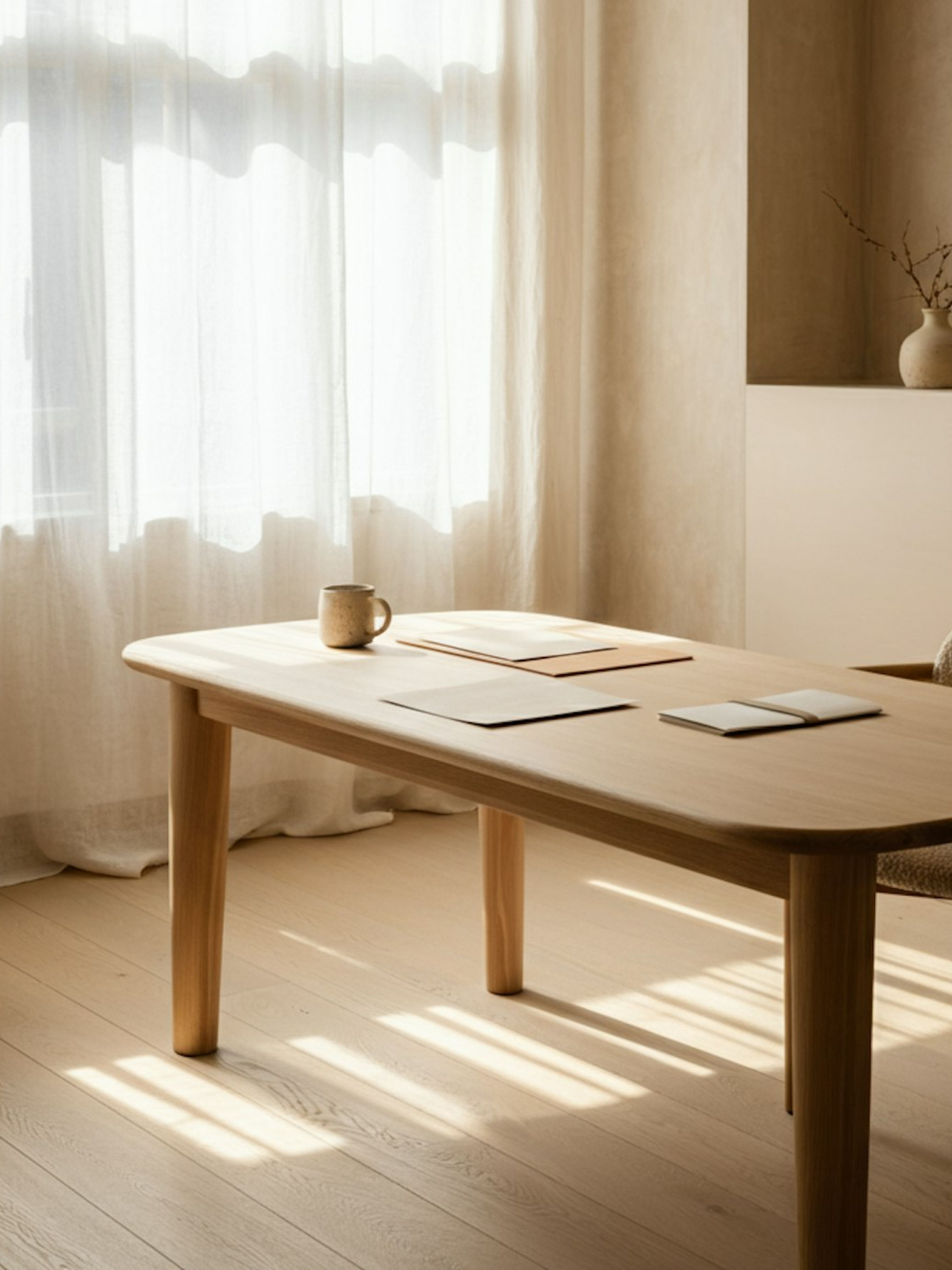 A sunlit room with a wooden table and linen curtains