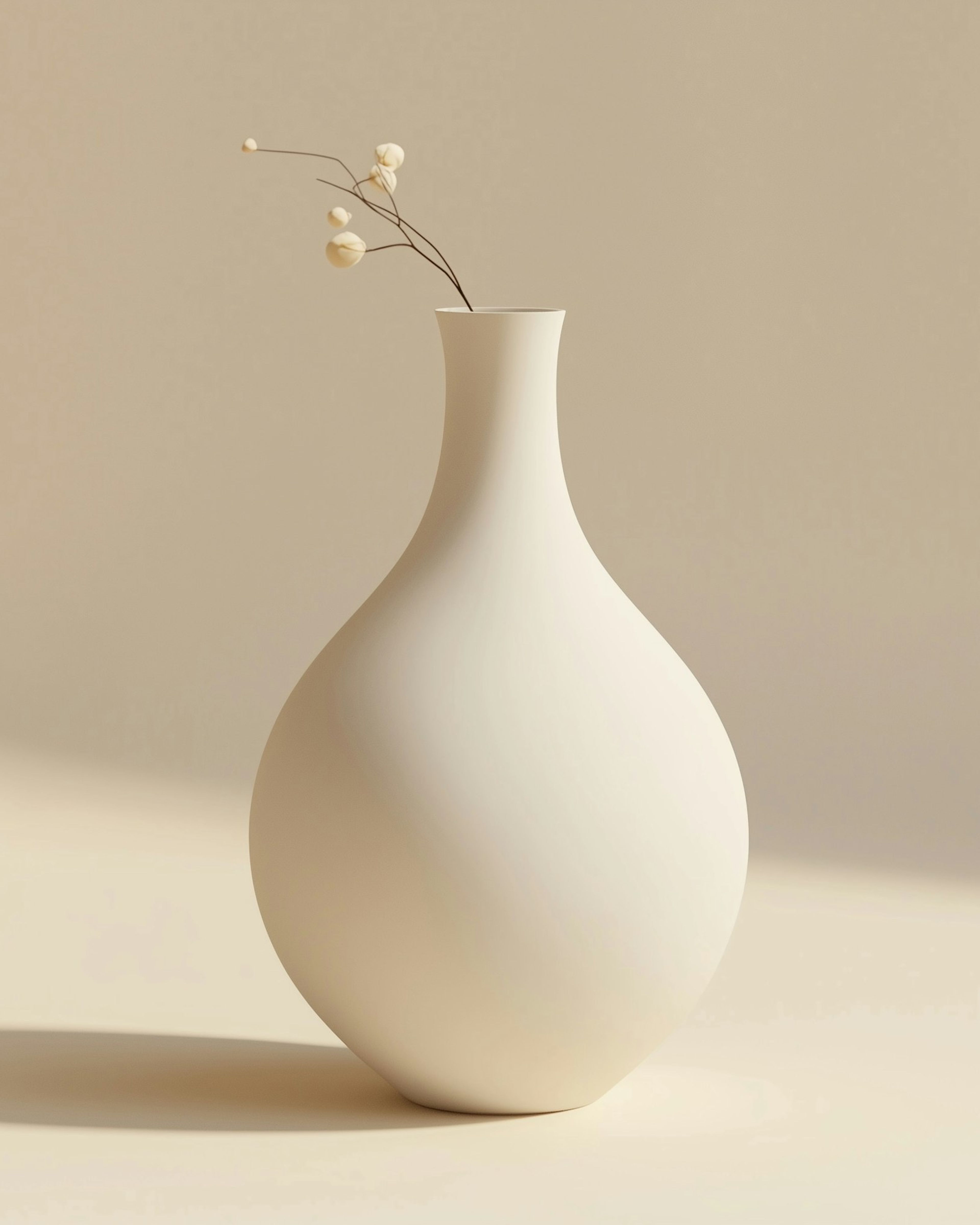 A white ceramic vase on a cream backdrop