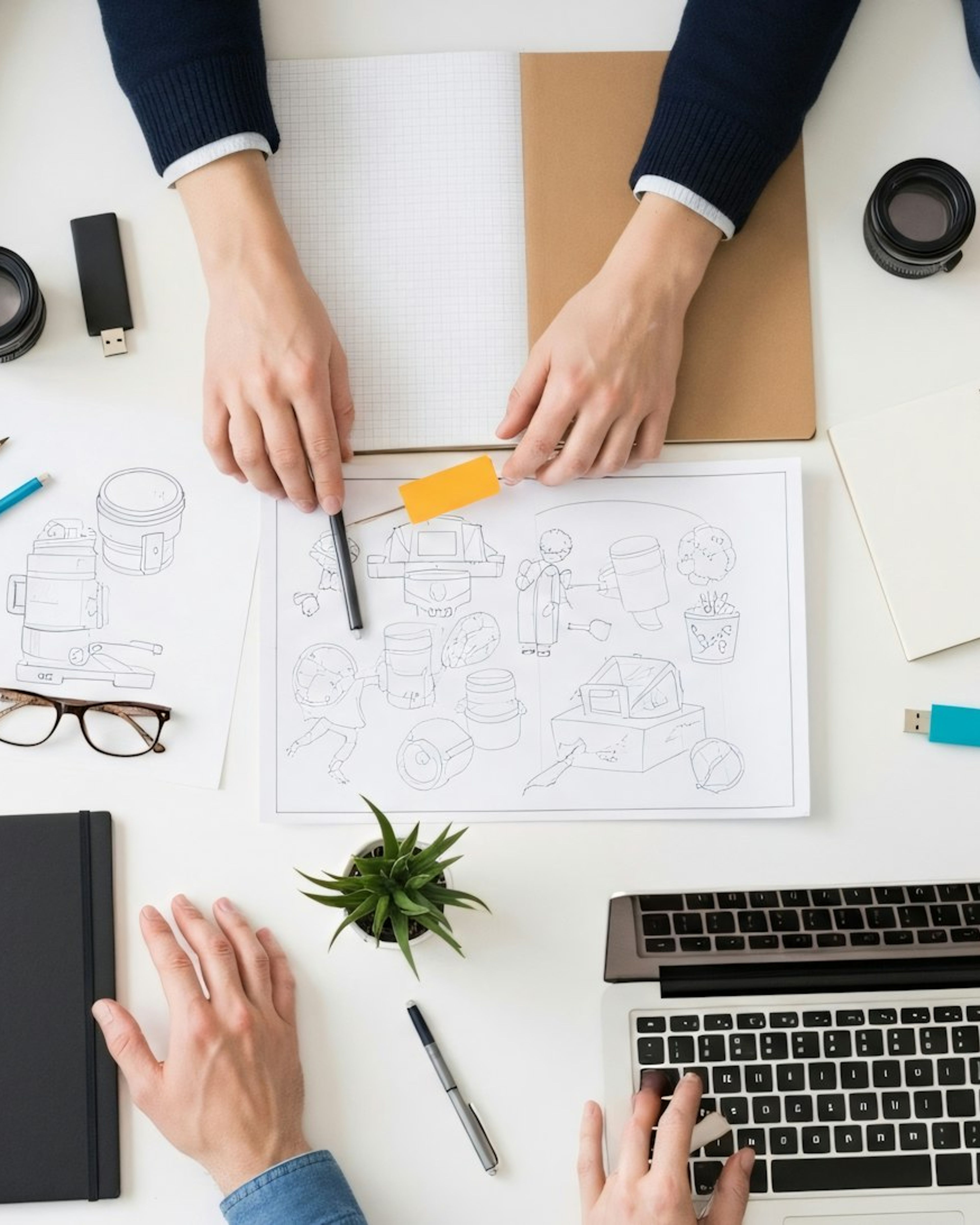 Hands sketching wireframes around a laptop