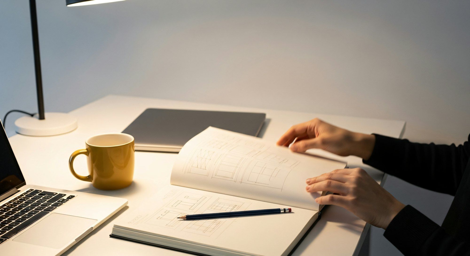 Hands writing notes in an open notebook beside a laptop