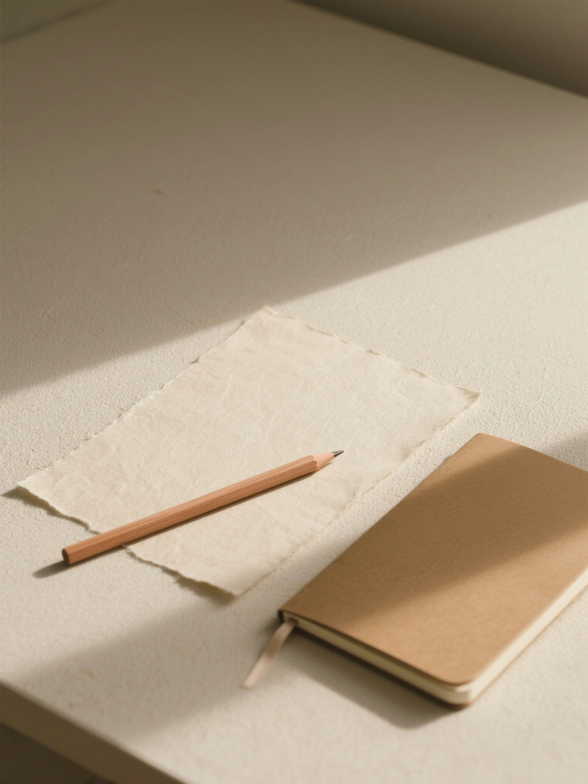 An open notebook and pencil on a warm linen desk