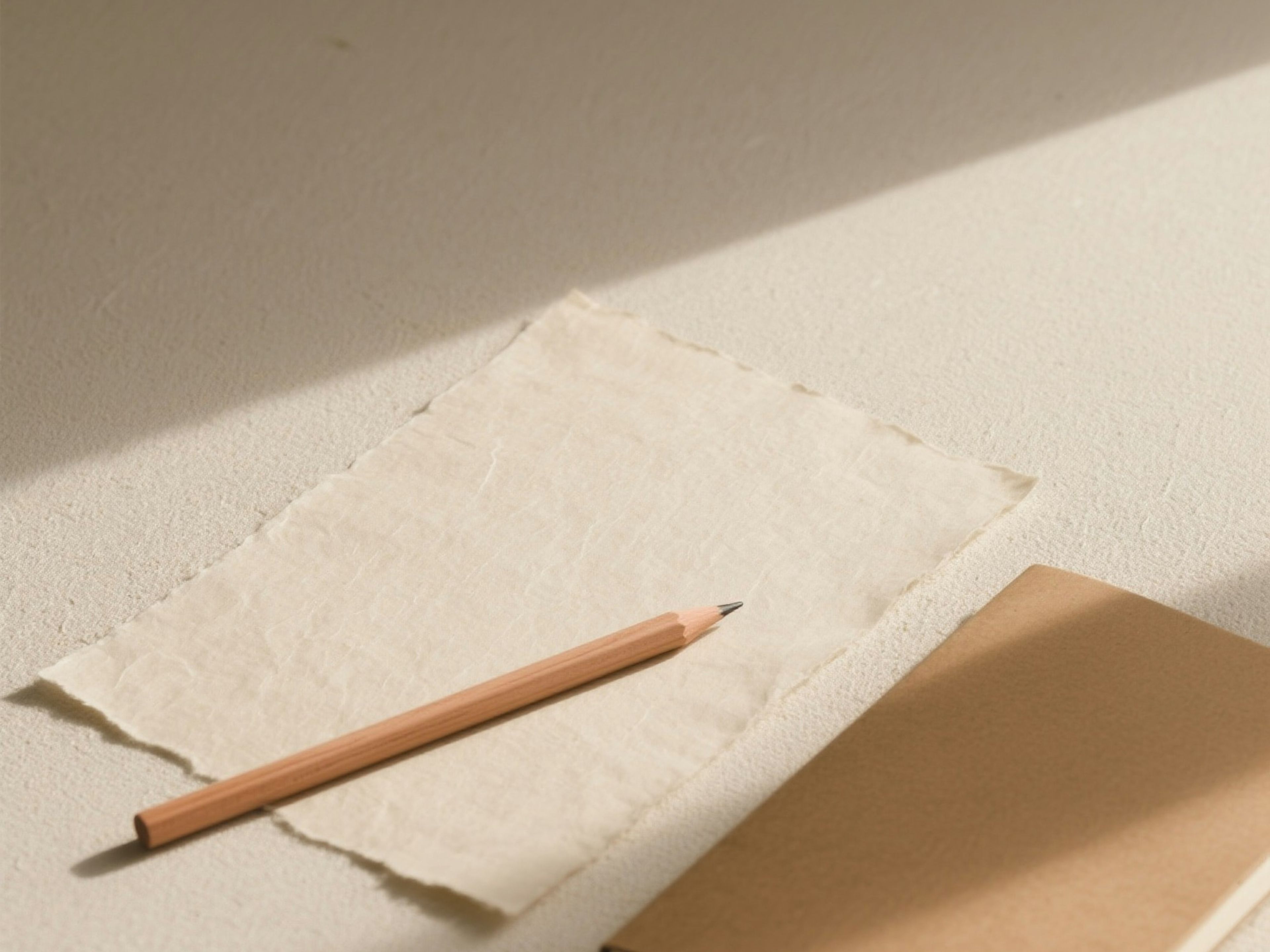 An open notebook and pencil on a warm linen desk